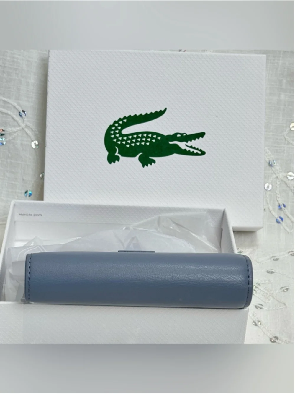 NWT Lacoste Lora RFID Leather Compact Wallet Tradewinds Blue